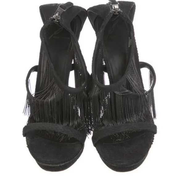 Brian Atwood Black Fringe Stilletto Heels Sandals Size 10 - Picture 3 of 5